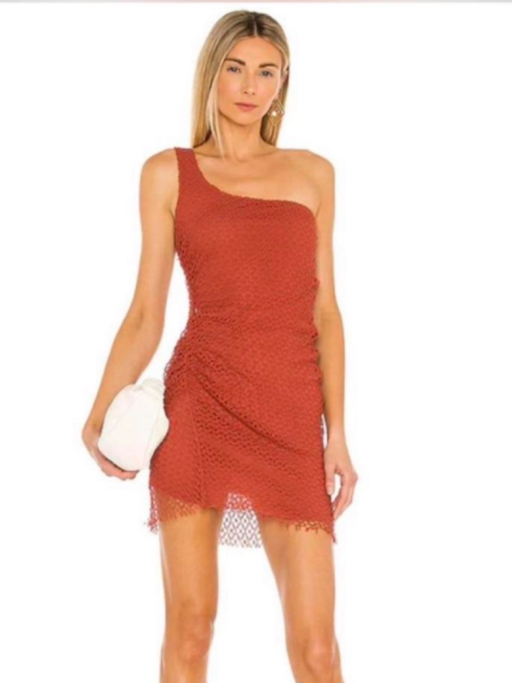 IRO One-Shoulder Rust Crochet Mini Dress